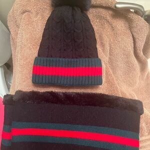 Black Knit Beanie and Scarf Set with Red and Green Stripes**Make Best Offer**